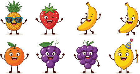 Cute funny cartoon fruit characters vector illustration with happy expressions, colorful design, isolated on white background for kids and stickers