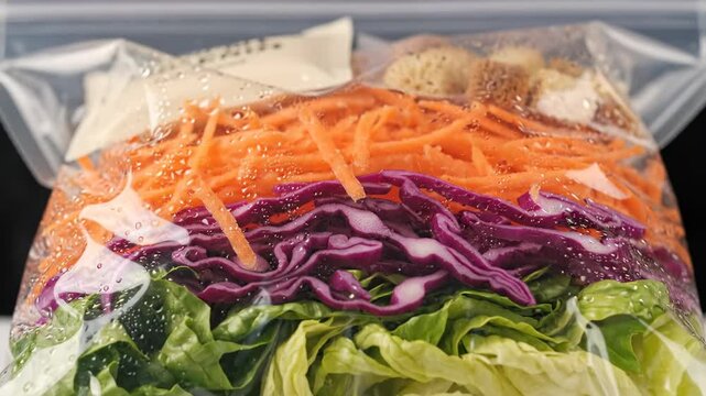 Layered Salad Kit in Resealable Bag - A close-up shot reveals a meticulously layered salad kit inside a clear resealable bag.