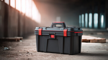 Plastic toolbox in realistic style in black and red for storage