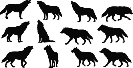 Wolf silhouette vector collection with various howling and standing poses, perfect for wildlife designs, forest animals, nature themes, and predator illustrations