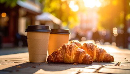 Croissants and coffee cups on a city street at sunset