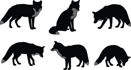 Silhouette vector illustration of black foxes in various poses, wild animal graphic design, wildlife creature artwork for nature, forest, woodland themes