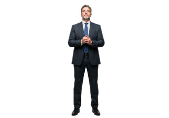 Serious Businessman in Suit Confidently Standing and Presenting a Business Concept