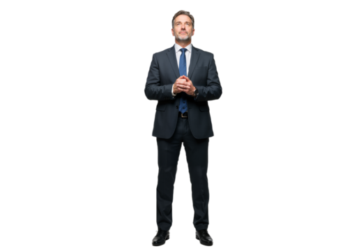 Serious Businessman in Suit Confidently Standing and Presenting a Business Concept
