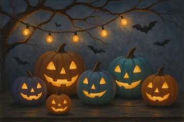 Fototapeta premium Spooky halloween night with glowing jack o lanterns and bat silhouettes