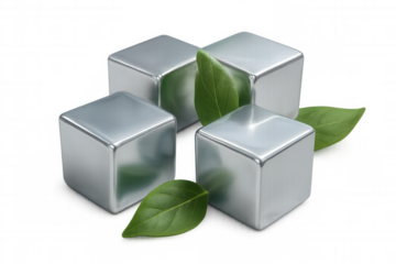 Metallic cubes adorned with verdant leaves representing industrial sustainability, blending technological precision with environmental consciousness against transparent backdrop