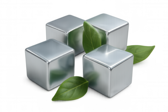 Metallic cubes adorned with verdant leaves representing industrial sustainability, blending technological precision with environmental consciousness against transparent backdrop