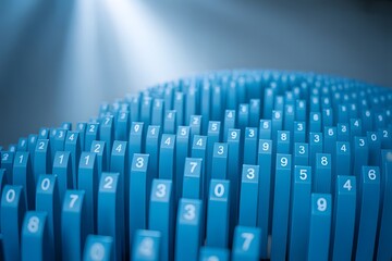 Abstract digital landscape of glowing blue bars with illuminated numbers representing data growth technology and financial information in a futuristic concept