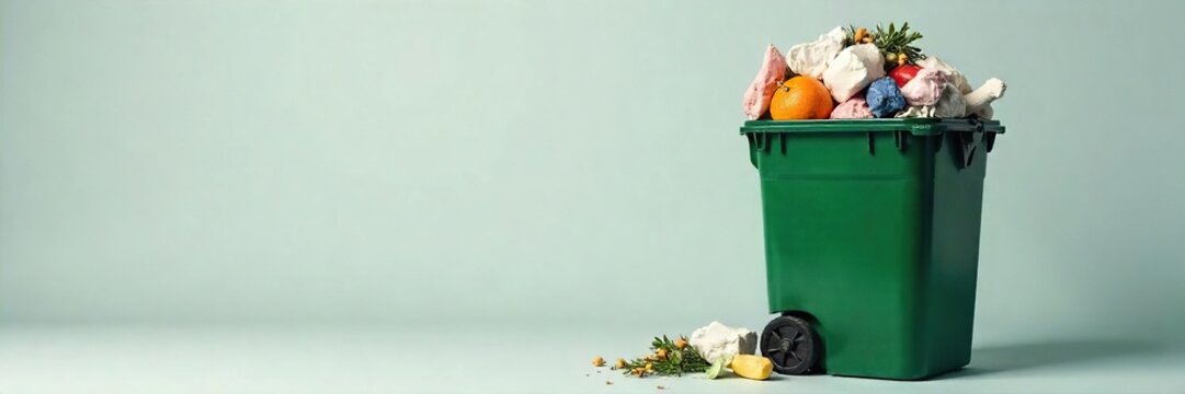 Overfilled trash can overflowing with garbage, waste disposal concept Ideal for environmental awareness campaigns or cleaning service advertisements , unclean, overflowing trash, sanitation