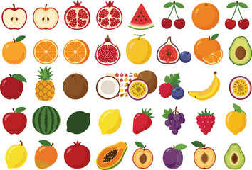 Colorful tropical fruits vector set, fresh juicy fruits like apple, orange, banana, avocado, pomegranate, peach, fig, kiwi, healthy illustration
