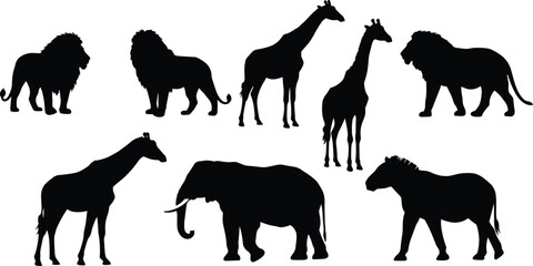 Wild animal silhouettes illustration featuring lions, giraffes, elephant, and zebra, perfect for safari wildlife vector art and design projects