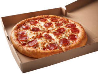 Delicious pepperoni pizza displayed inside a tan takeout box ready to be enjoyed with friends and