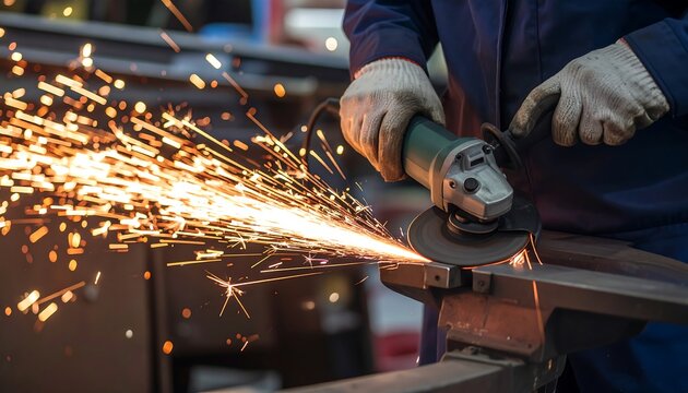 A worker in a workshop using a grinder on metal. Sparks fly