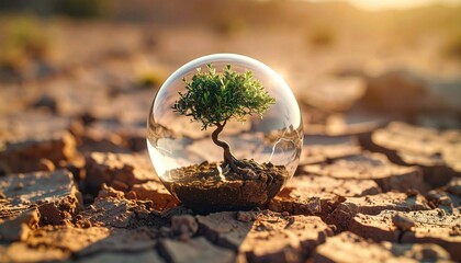 Green Bonsai Tree in Glass Sphere on Cracked Earth – Symbolic Nature Preservation in Desert