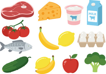 Healthy food vector illustration set with meat, dairy, vegetables, fruits, and fish, ideal for nutrition, grocery, meal planning, and cooking concepts
