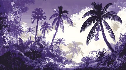 Purple Tropical Paradise, Palm Trees Silhouette Landscape