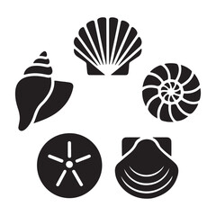Sea shells icon set, art logo design. Vector black silhouette. with white background