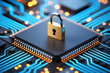 Golden padlock secured on a central processing unit chip with glowing blue circuitry and bokeh lights representing digital security and data protection concepts