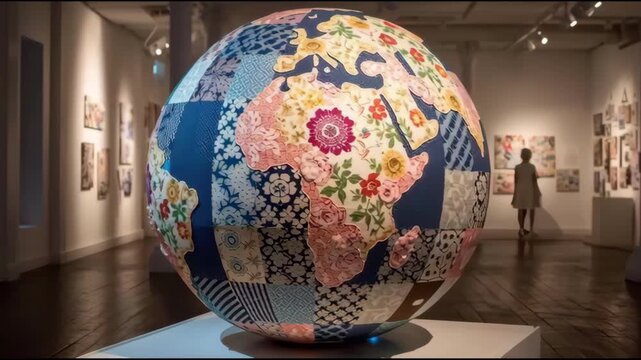 A large spherical sculpture covered with patchwork quilt fabric on display in an art gallery.