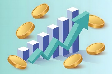 Isometric illustration of a rising financial graph with a green arrow indicating upward growth surrounded by golden coins symbolizing investment and economic prosperity on a light blue background