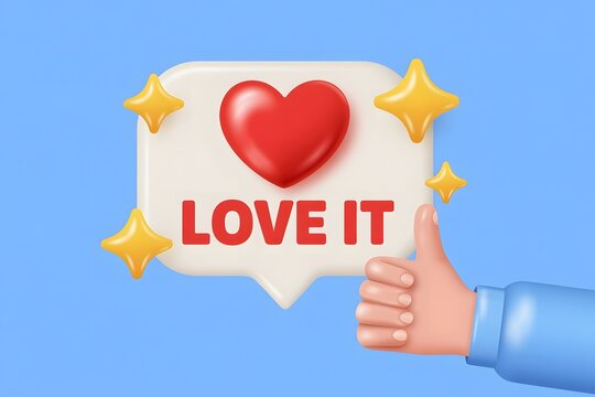 Positive social media notification with a red heart and thumbs up gesture conveying appreciation and approval in a vibrant celebratory design