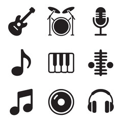 Set black silhouette music icons. Vector black silhouette. with white background