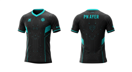 Detailed Black and Teal Esports Gaming Jersey, Front and Back Views with Circuit Board Pattern, Player Name, and Sponsor Logos, Transparent Background.