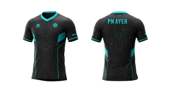 Detailed Black and Teal Esports Gaming Jersey, Front and Back Views with Circuit Board Pattern, Player Name, and Sponsor Logos, Transparent Background.