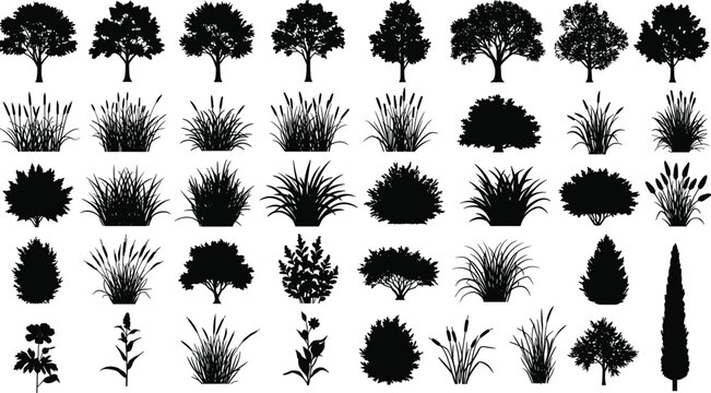 Silhouette vector set of trees, plants, grasses, and bushes, ideal for landscape design, garden illustration, decoration, and architectural elements