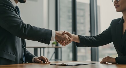 A business agreement is finalized with a handshake between two people. The image shows a close-up of a handshake over a document in a professional setting