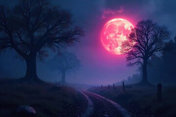 Mysterious midnight hour, ethereal glow illuminating dark landscape, serene night scene with soft light Perfect for fantasy, mystery, or magical themes , fantasy, purple, silhouette