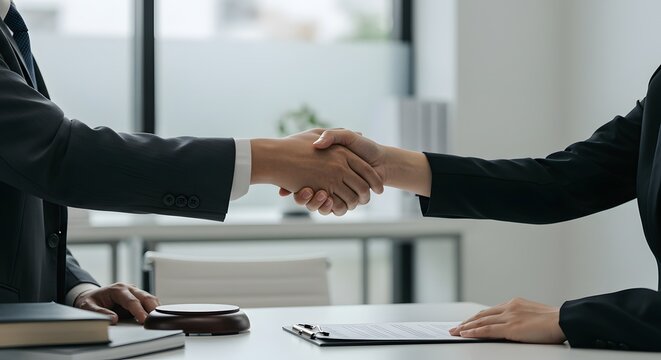 Two figures in business suits are shaking hands, likely sealing a deal or showing agreement. The scene exudes professionalism and trust
