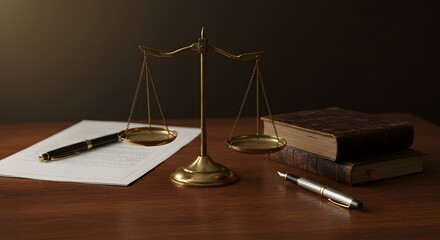 A still life shot of justice and law with a balance scale, books, and pen on the wooden desk