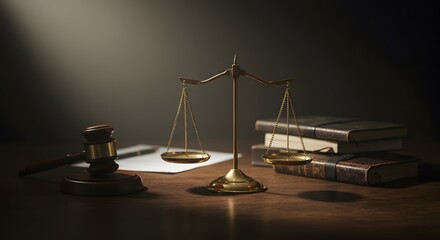 Symbolic representation of justice and law with scales, a gavel, and books. A gavel next to the scales and books with a focused lighting