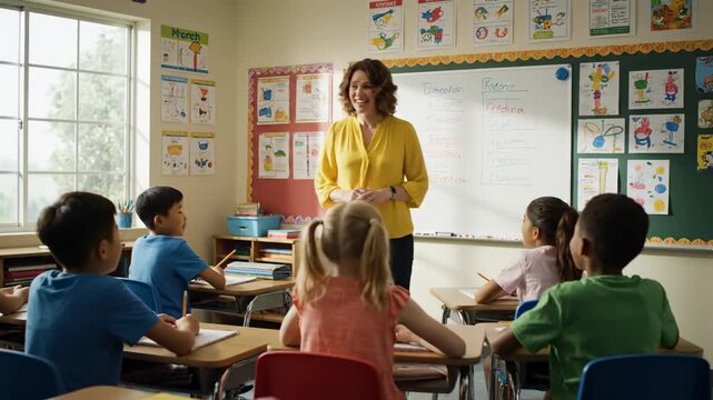 Happy Teacher and Diverse Students in Elementary Classroom - A smiling female teacher addresses a classroom of diverse elementary school-aged children who are seated at their desks.