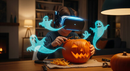 Child carving pumpkin with VR headset and holographic ghosts, Halloween tech concept