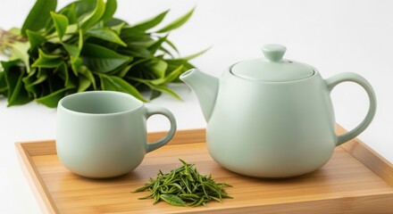 Light green ceramic teapot and cup with fresh green tea leaves on a wooden tray image