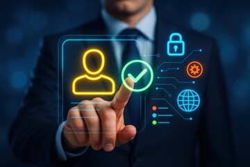Digital Authentication and Security: A professional in a suit interacts with a holographic interface, confirming identity through a digital check mark.