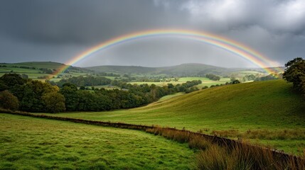 Fototapeta premium Colorful rainbow in the sky above a rural landscape
