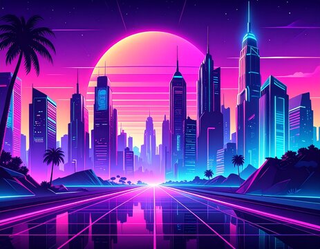 Futuristic cityscape with neon skyscrapers and a vibrant synthwave sunset over a digital grid highway