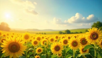 Fototapeta premium A vibrant yellow field of sunflowers basking in the warm sunlight, symbolizing optimism and a bright future Perfect for themes of positivity, summer, and new beginnings , ray, cheerful