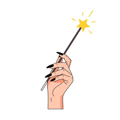Elegant sorceress hand with long black gothic nails holding a shining magic wand with a star