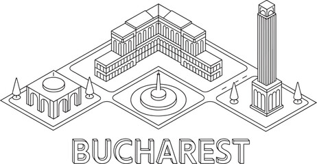 Fototapeta premium Bucharest Cityscape Isometric Outline Vector Illustration with Palace and Tower Landmark