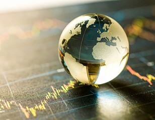 crystal globe reflecting economic trends and geographical insights on a chart