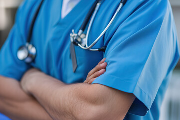 Doctor in Blue Scrubs and Stethoscope, Crossed Arms, Close-Up