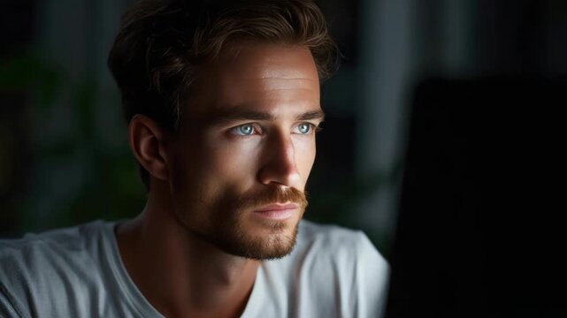 Man with intense gaze, staring at screen late into the night.