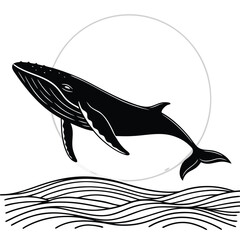 Fototapeta premium Whale swimming above glowing horizon silhouette