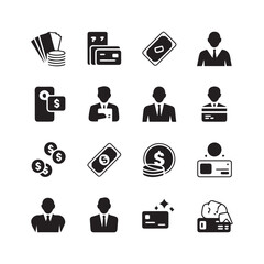 Collection of black and white icons representing financial transactions and business professionals in a grid layout