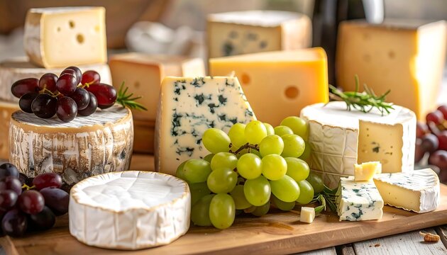 Assorted cheeses and grapes on a wooden board (1)