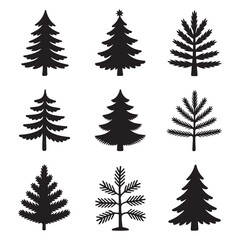 Obraz premium Set Pine trees, fir, spruce. Hand drawn black silhouettes, icons. Christmas, New Year decoration. Holiday design elements. Vector black silhouette. with white background